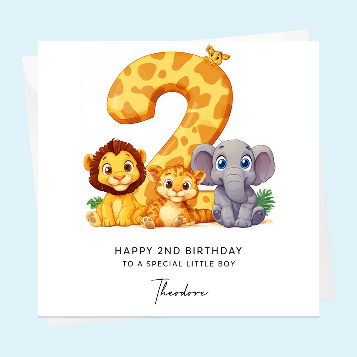 Personalised 2nd Birthday Card for Boys or Girls, Son, Daughter, Garndson, Granddaughter, Niece, Nephew, Safari Jungle Animals