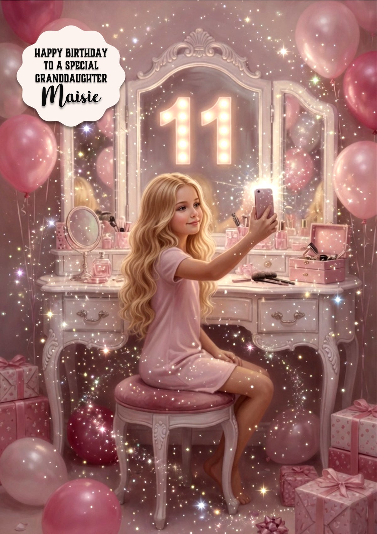 11th Birthday Card Selfie Girl, Granddaughter, Daughter,  Large A5 Size