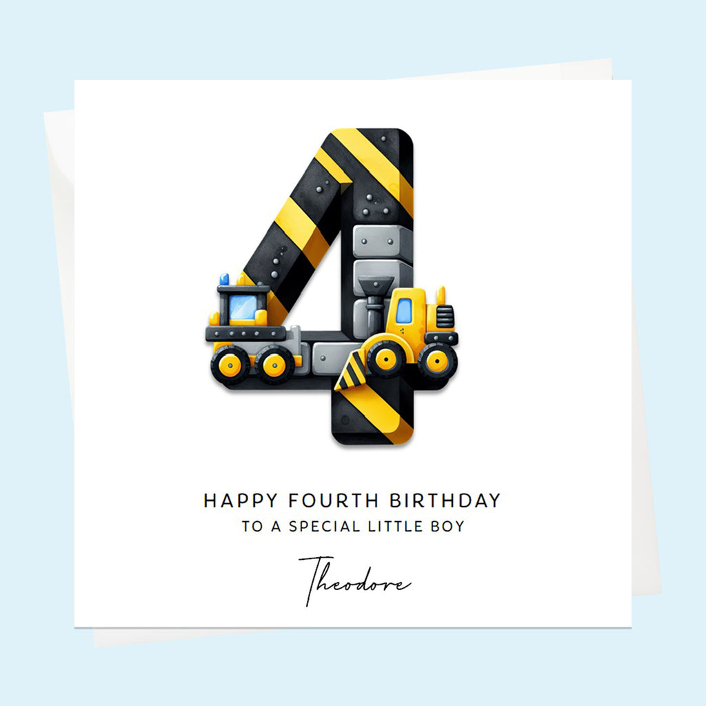 Personalised 4th Birthday Card for Boys Son, Grandson, Nephew, Digger, Truck, Builder, Construction