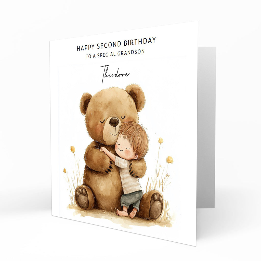 Personalised 2nd Birthday Card - Boy Hugging a Teddy Bear