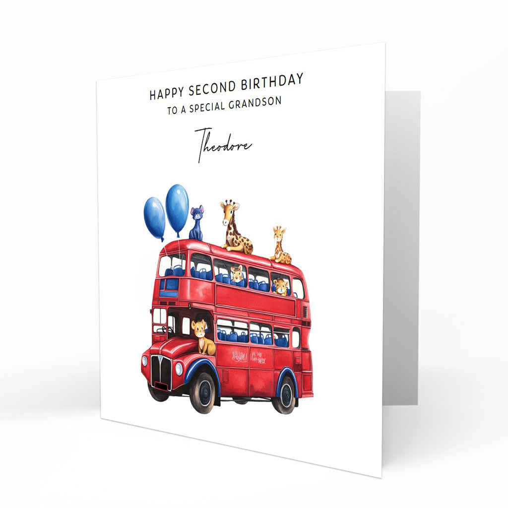 Personalised Birthday Card - Animals on a Red Bus