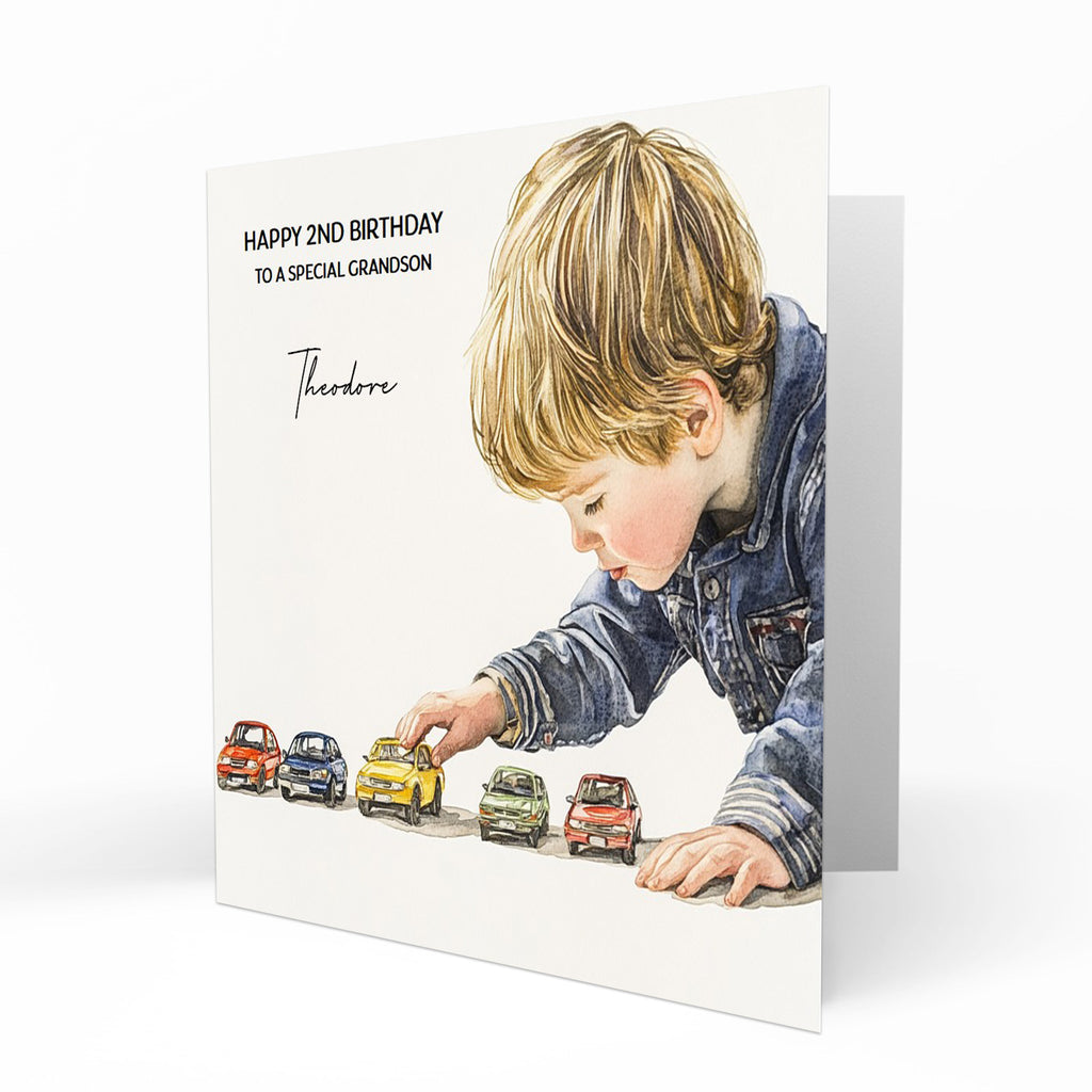 Personalised Birthday Card - Boy Playing with Toy Cars