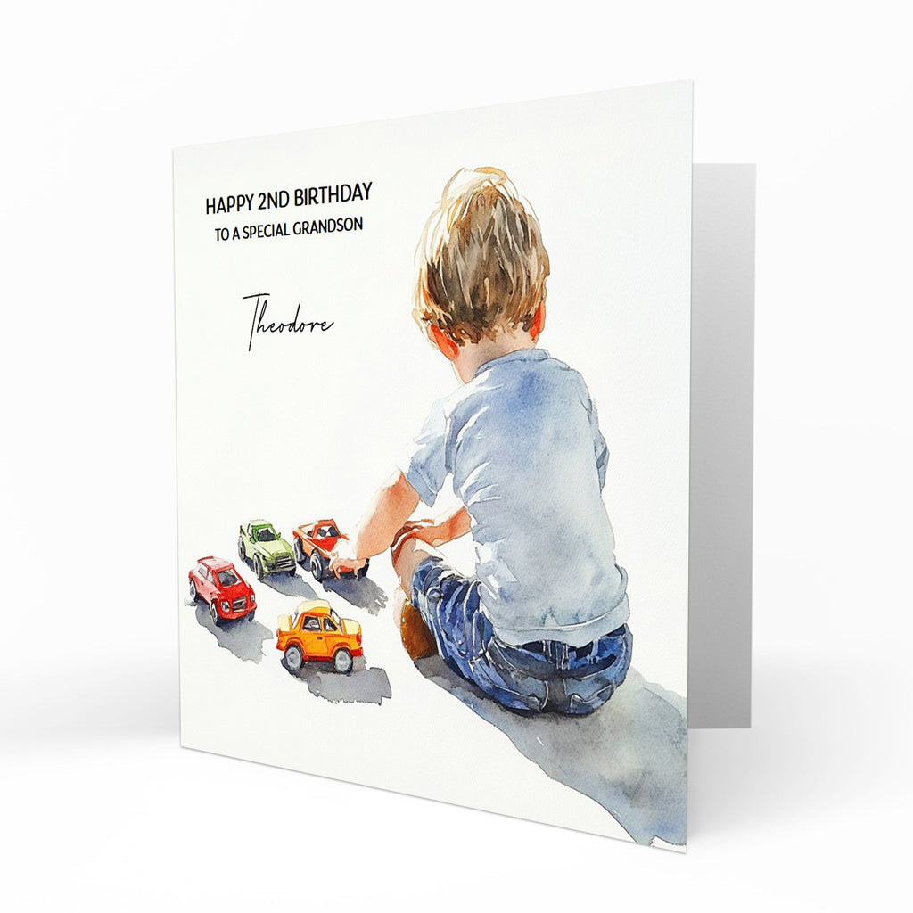 Personalised Birthday Card - Boy Playing with Toy Cars