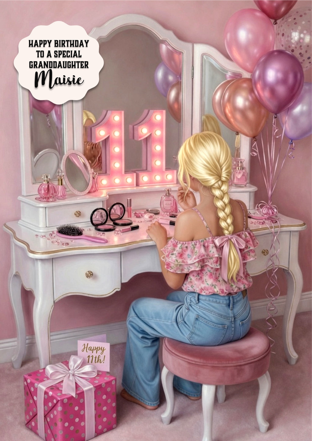 11th Birthday Card Beauty Girl, Granddaughter, Daughter, Large A5 Size
