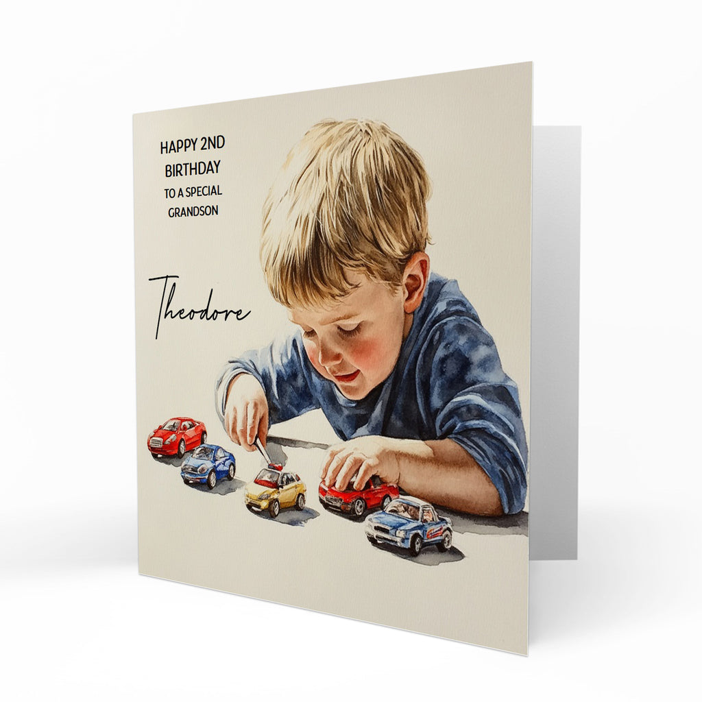 Personalised Birthday Card - Boy Playing with Toy Cars