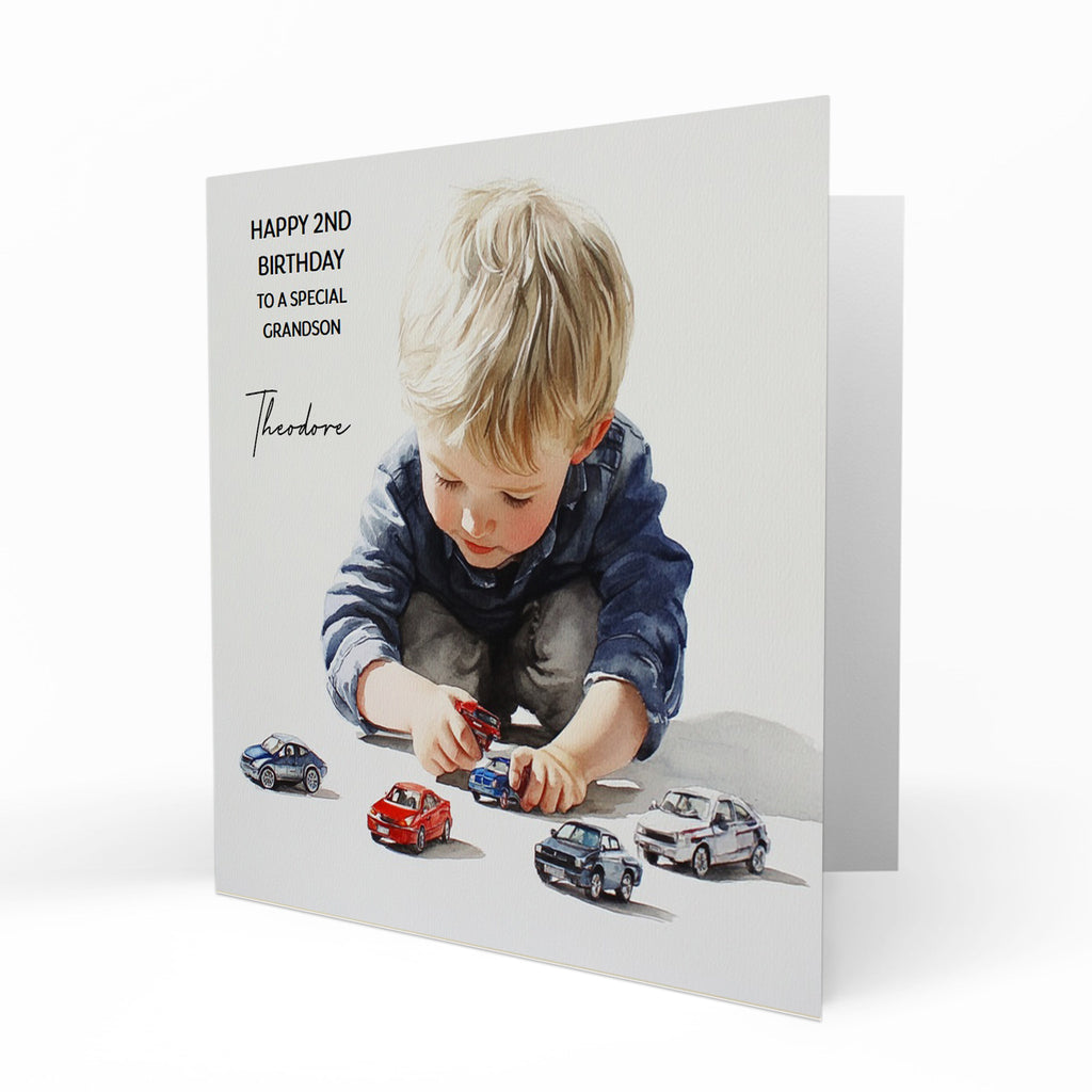 Personalised Birthday Card - Boy Playing with Toy Cars