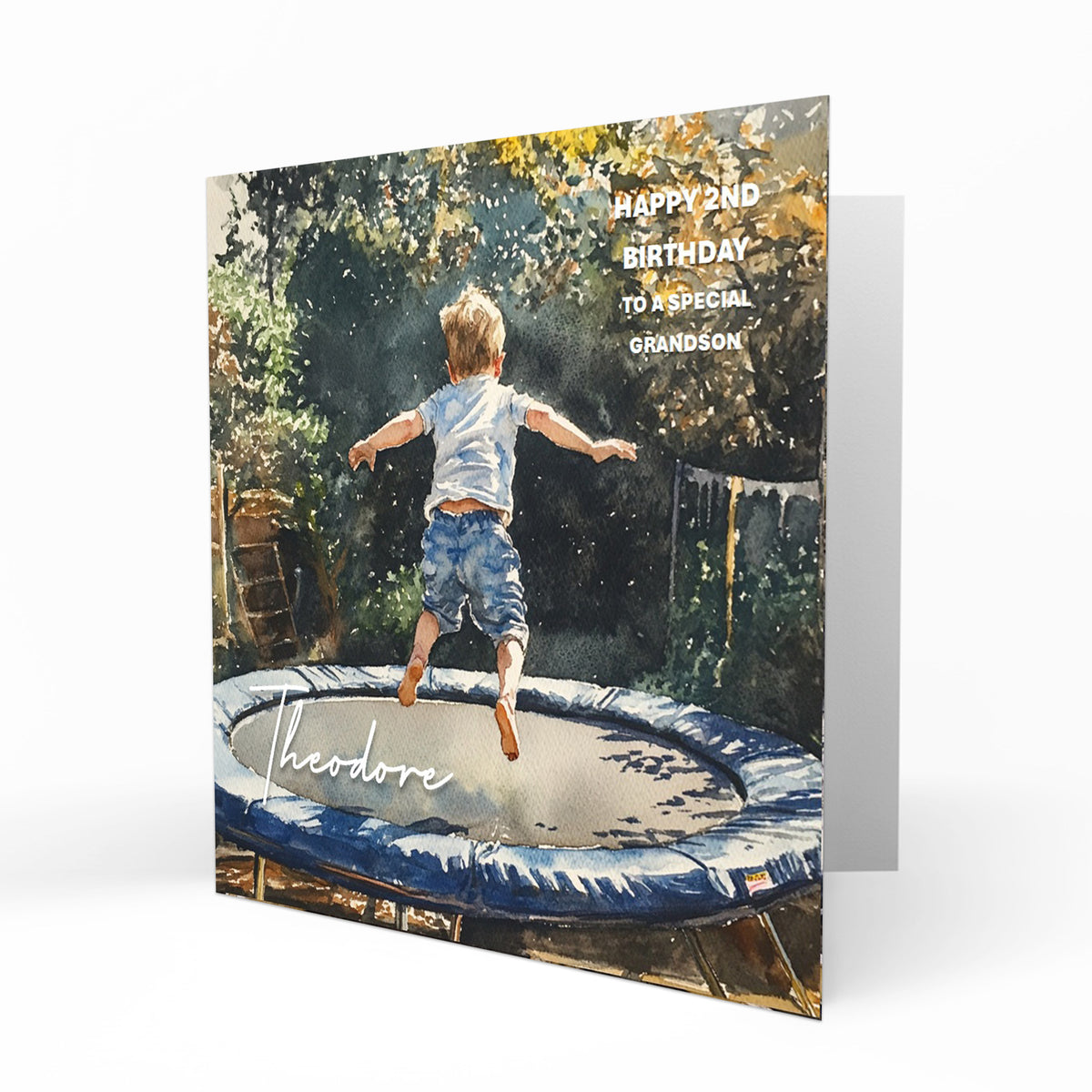 Personalised Birthday Card for Boys Son, Grandson, Nephew, Little Boy Playing on Trampoline