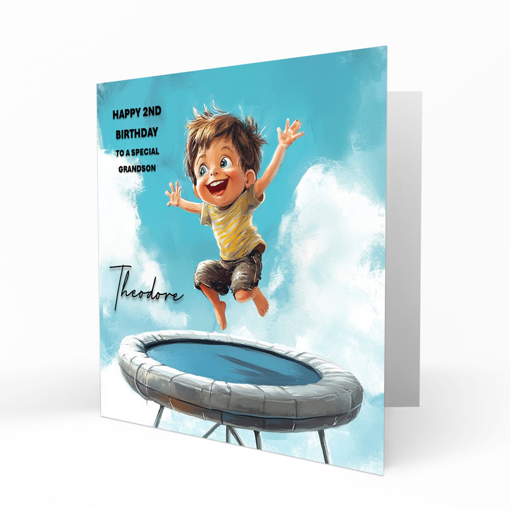 Personalised Birthday Card for Boys, Bouncing On The Trampoline, Grandson, Son, Brother, Nephew