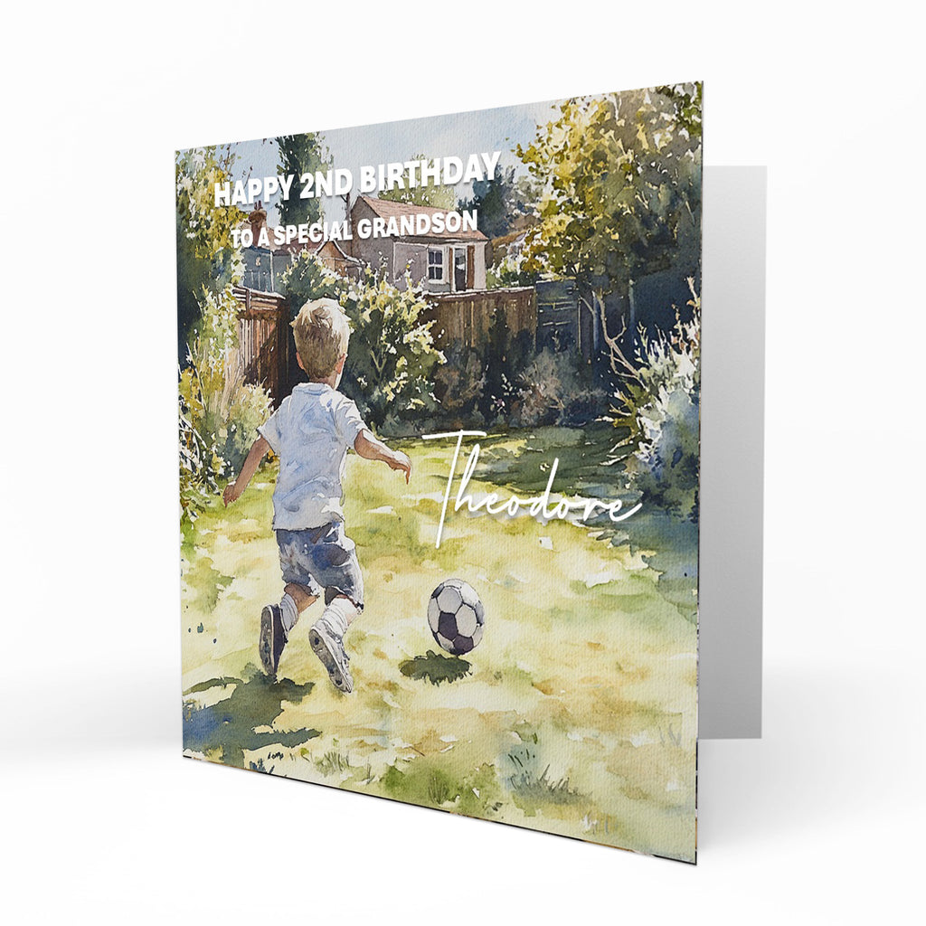 Personalised Birthday Card for Boys Son, Grandson, Nephew, Little Boy PlayingFootball in the Garden
