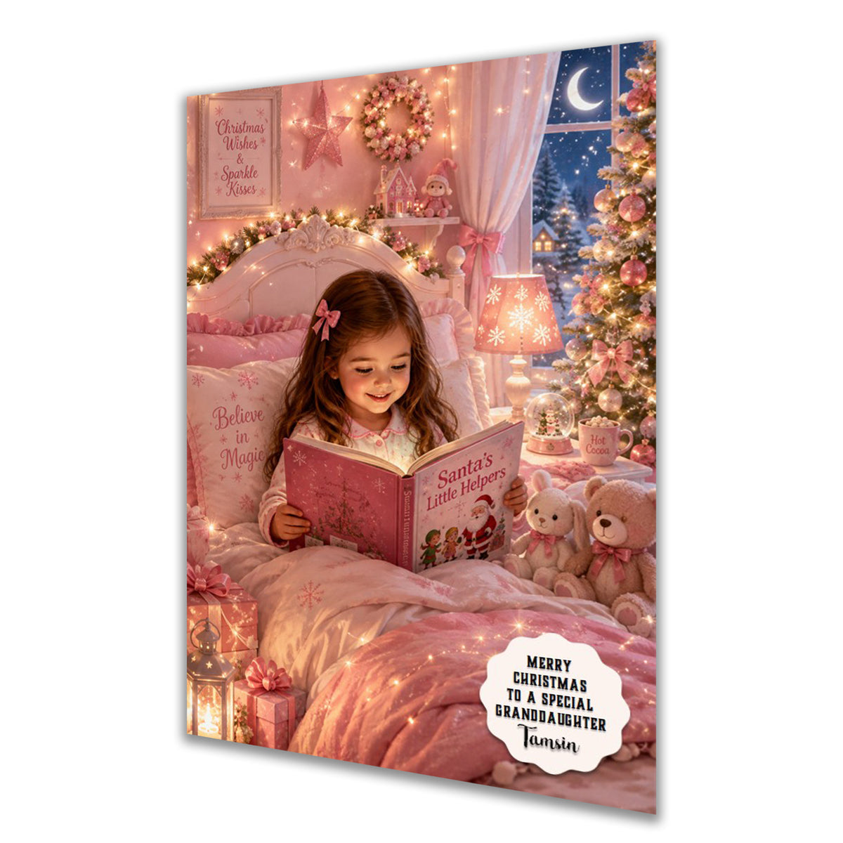 Personalised Christmas Card - Girl Reading a Christmas Story in Bed