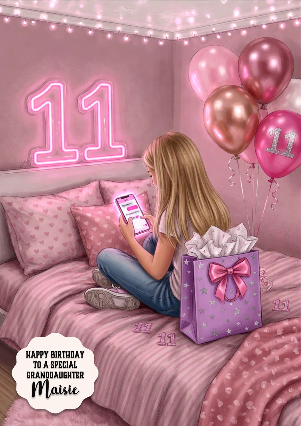 11th Birthday Card Texting Girl, Granddaughter, Daughter, Large A5 Size