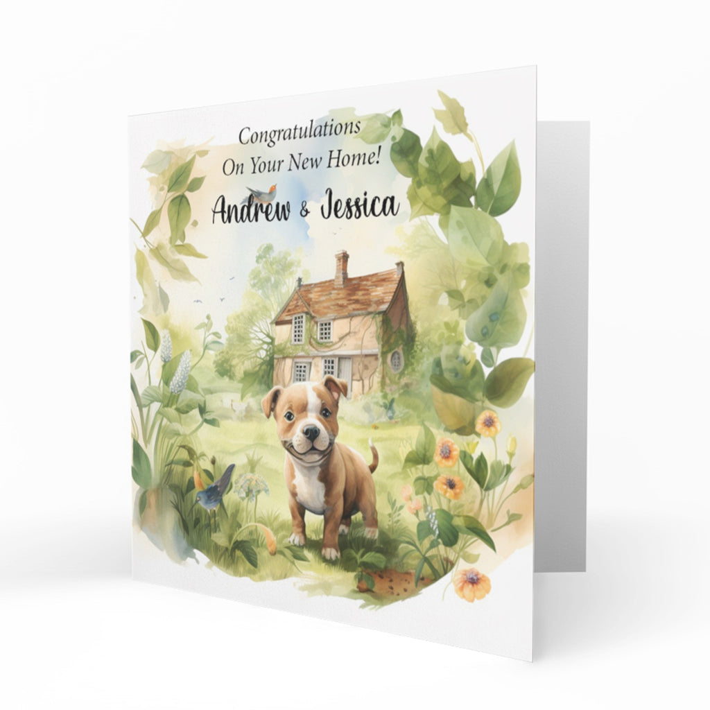 Personalised New Home Card - Puppy in a Cottage Garden