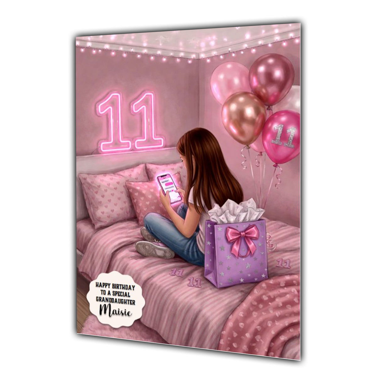 11th Birthday Card Texting Girl, Granddaughter, Daughter, Large A5 Size