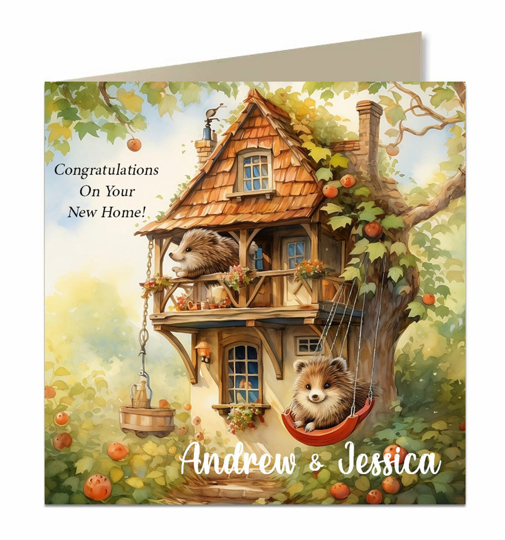 Personalised New Home Card - Hedgehog Treehouse