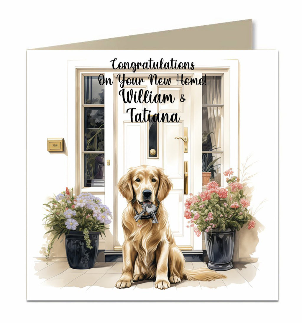 Personalised New Home Card - Golden Dog at Front Door