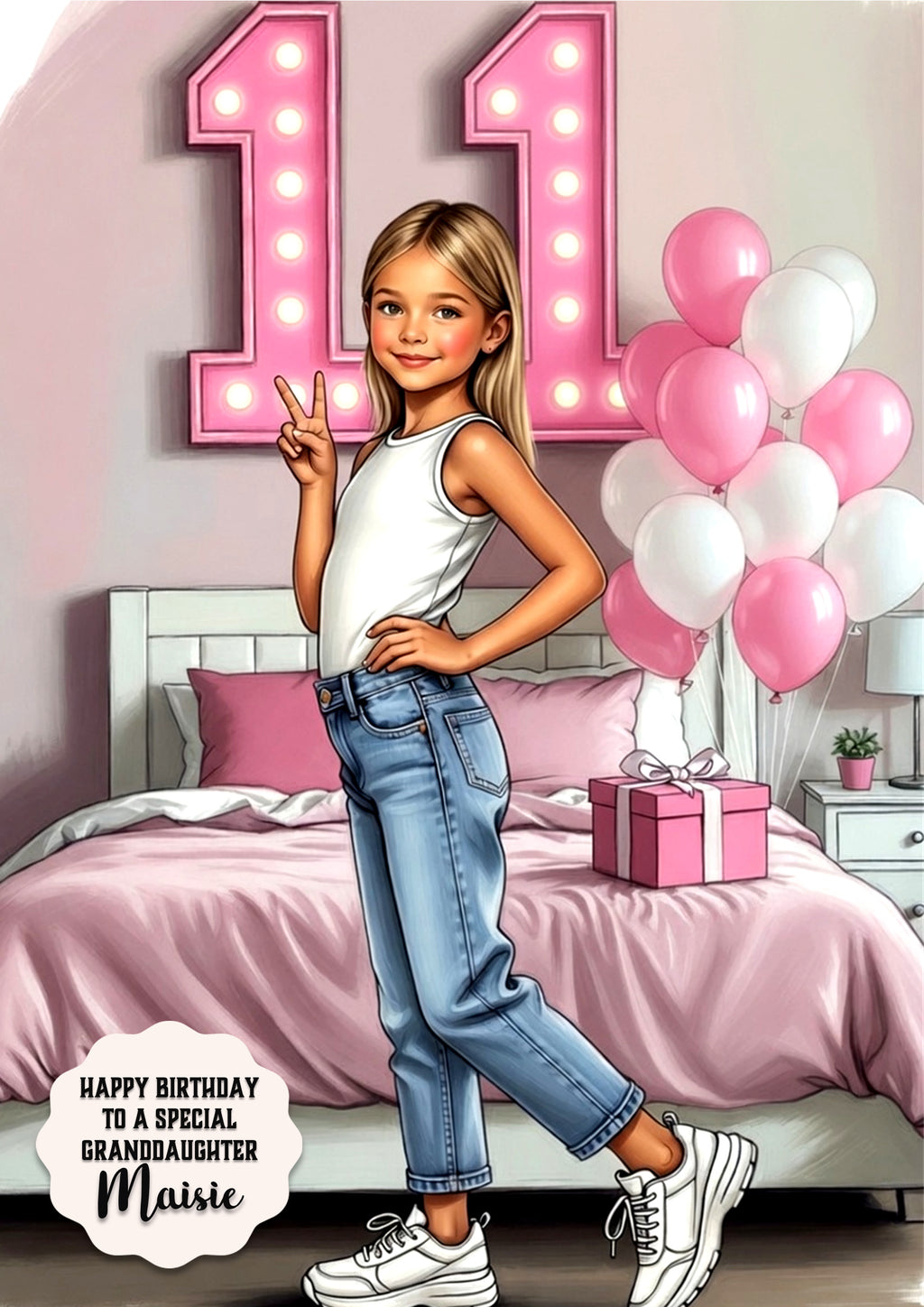 11th Birthday Card Posing Girl, Granddaughter, Daughter, Large A5 Size