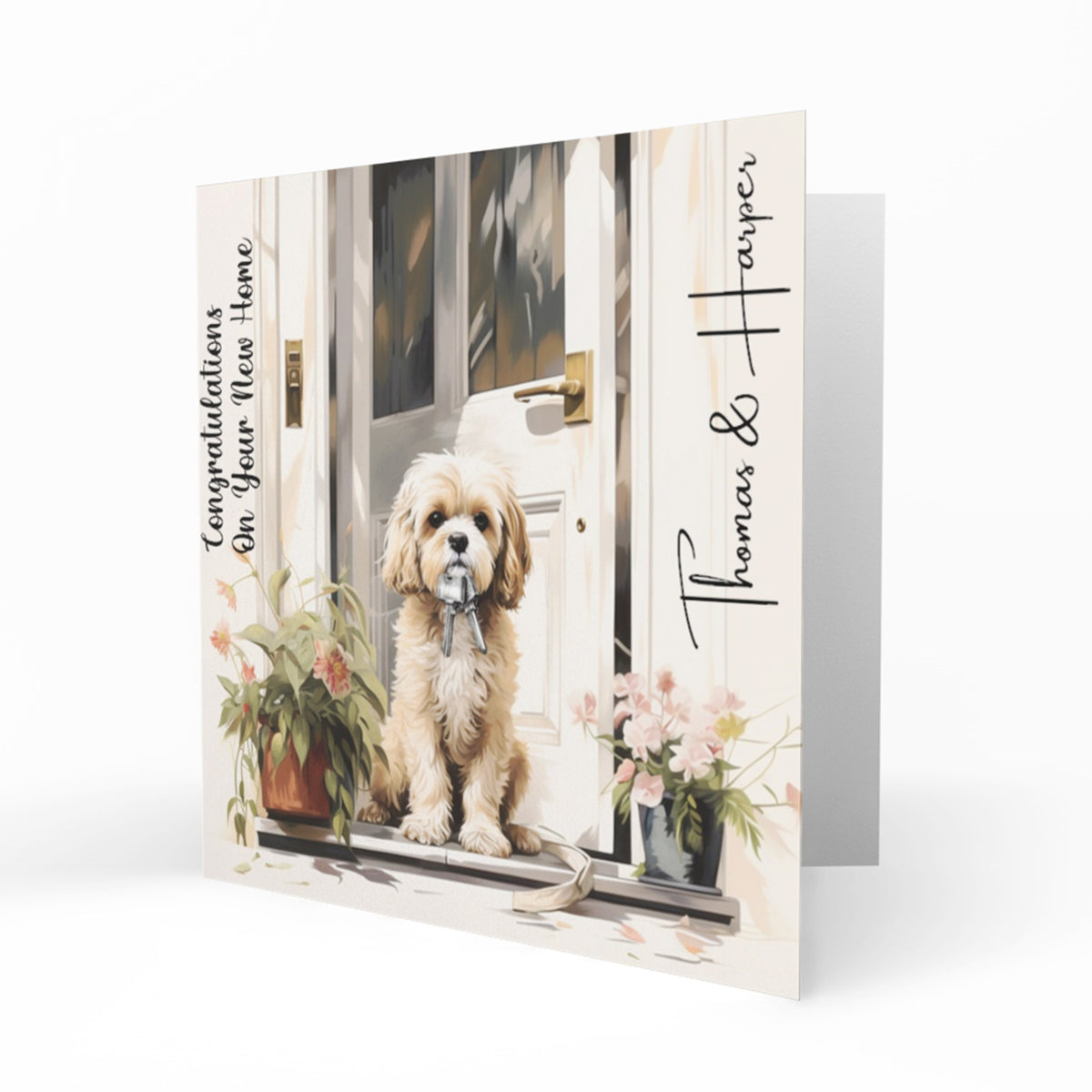 Personalised New Home Card - Fluffy Dog at Front Door