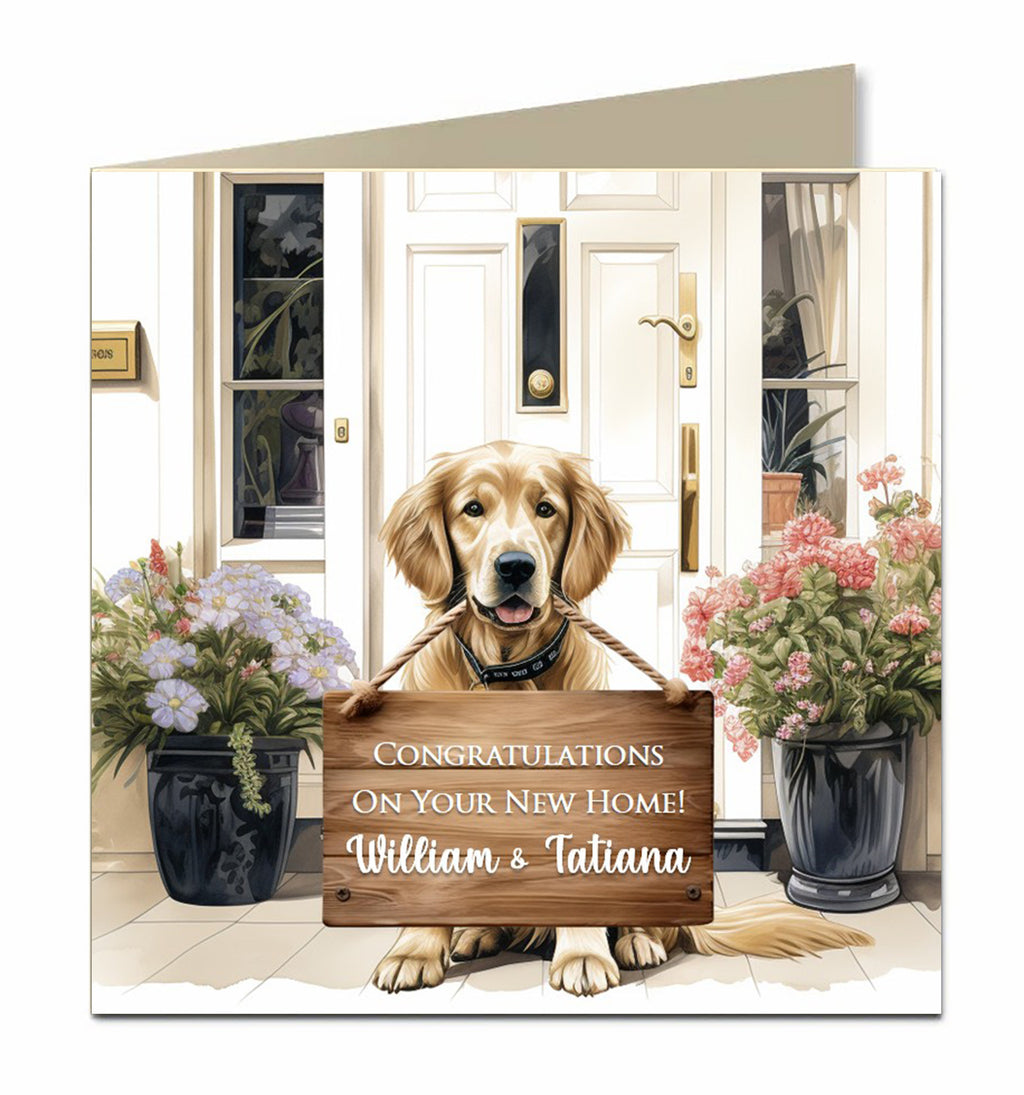 Personalised New Home Card - Golden Dog with Wooden Sign