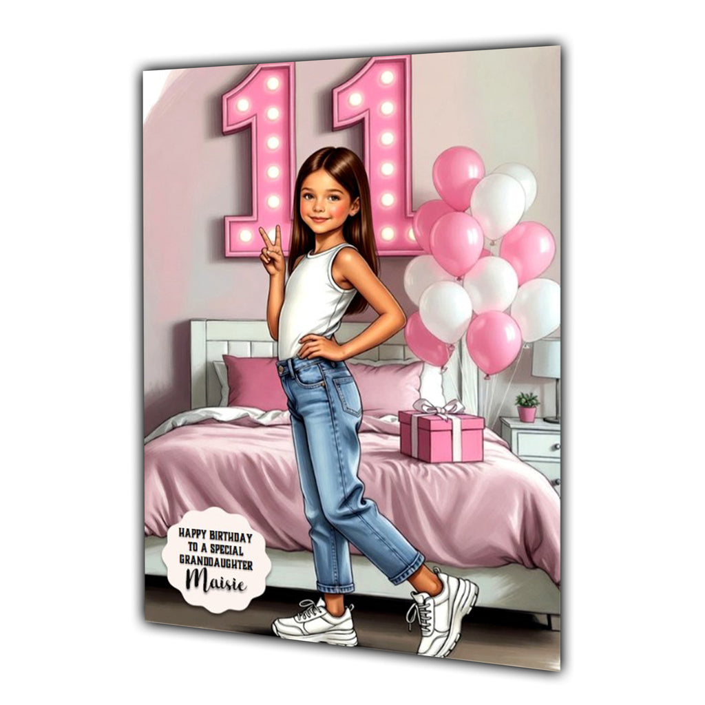 11th Birthday Card Posing Girl, Granddaughter, Daughter, Large A5 Size