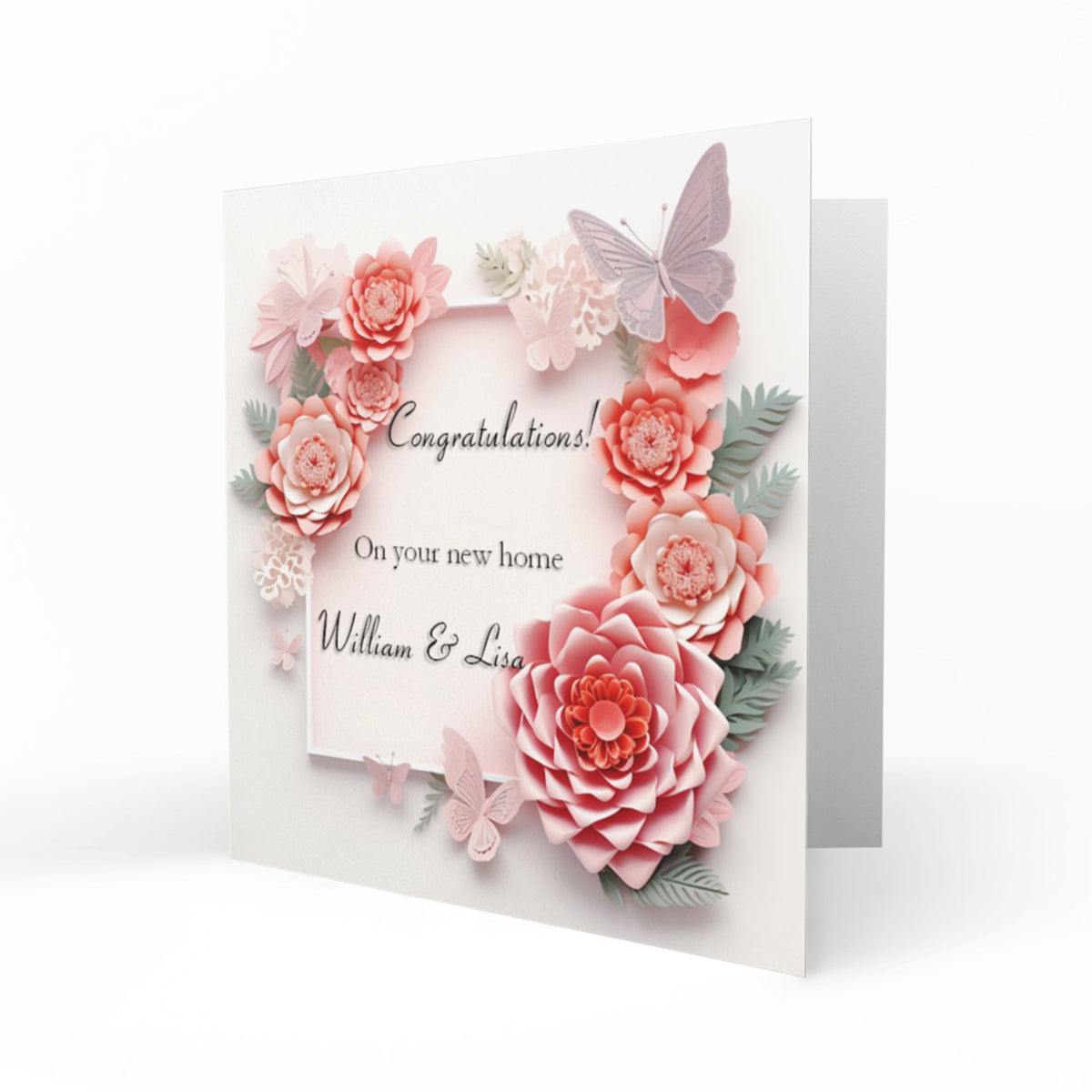 Personalised New Home Card - Pink Flowers and Butterfly