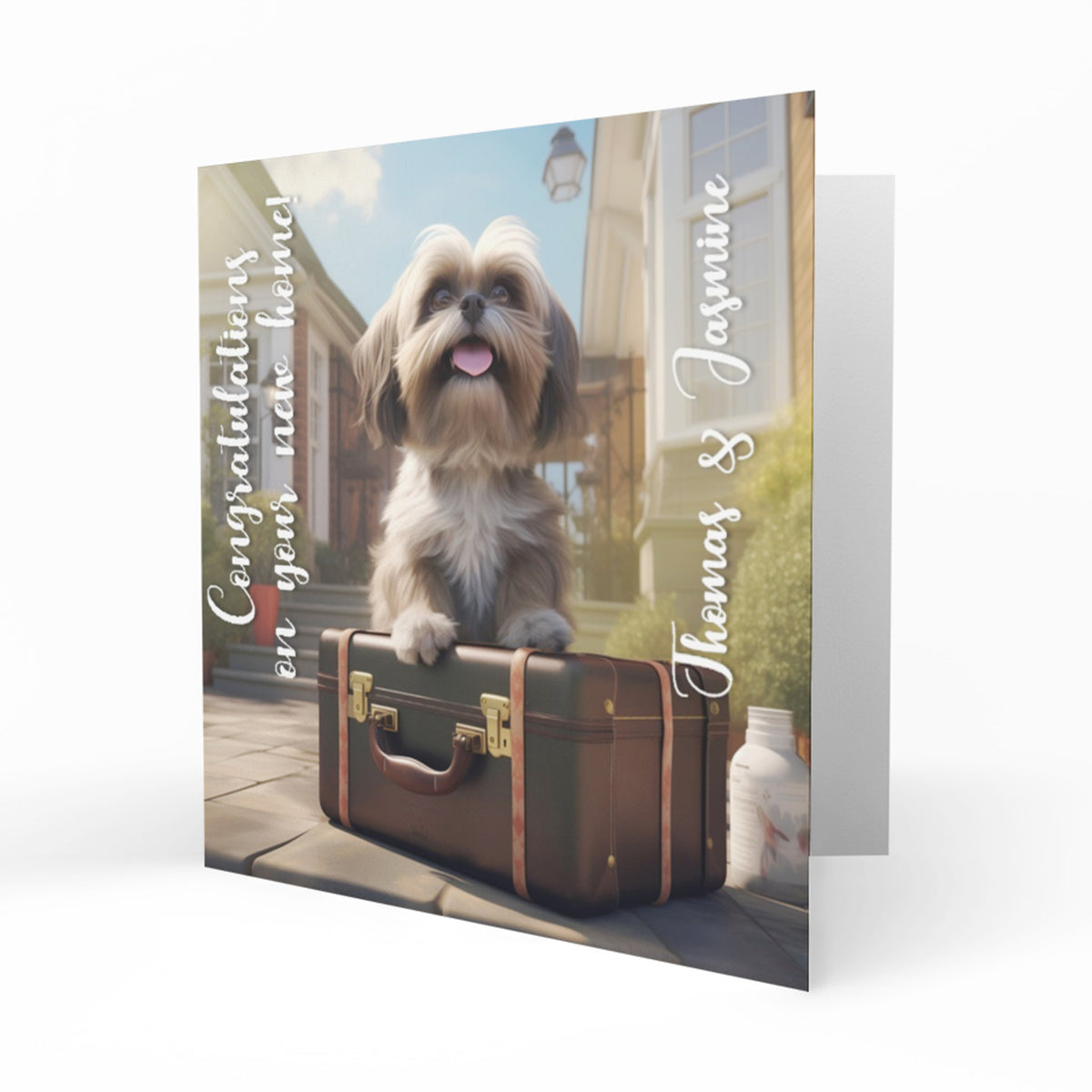 Personalised New Home Card - Fluffy Dog and Suitcase