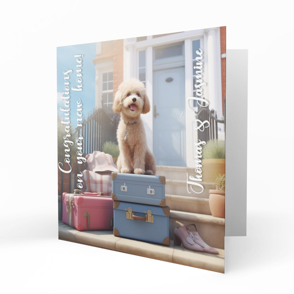 Personalised New Home Card - Curly-Haired Dog and Luggage