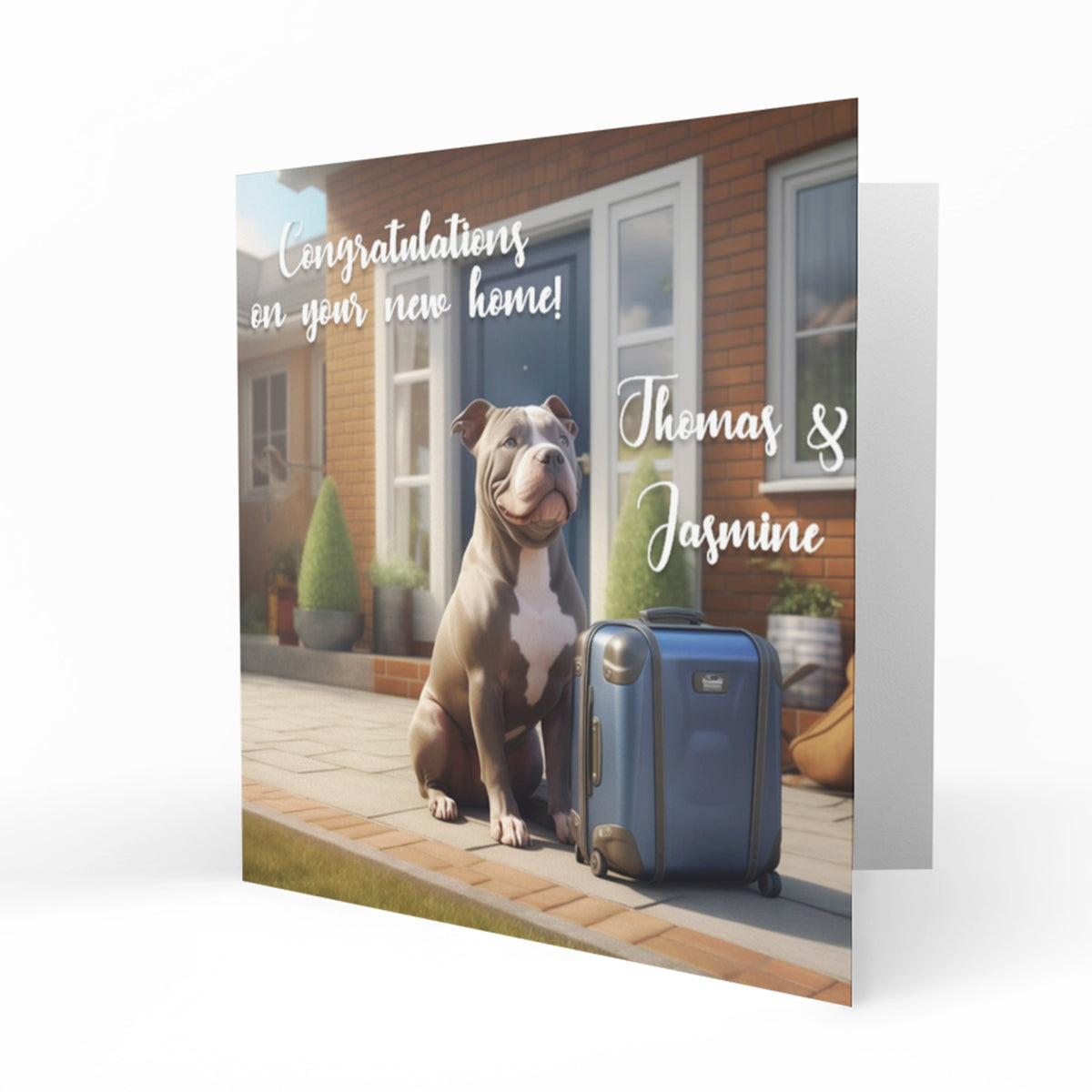 Personalised New Home Card - Grey Dog and Suitcase