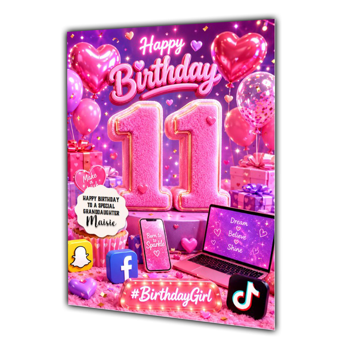 11th Birthday Card Social Media Girl Granddaughter Daughter Large A5 Size