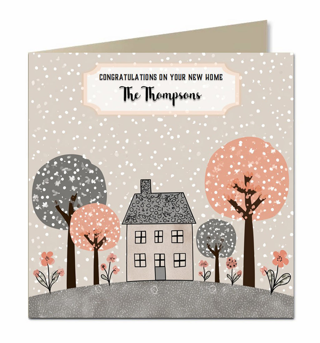 Personalised New Home Card - Pink and Grey Trees and House