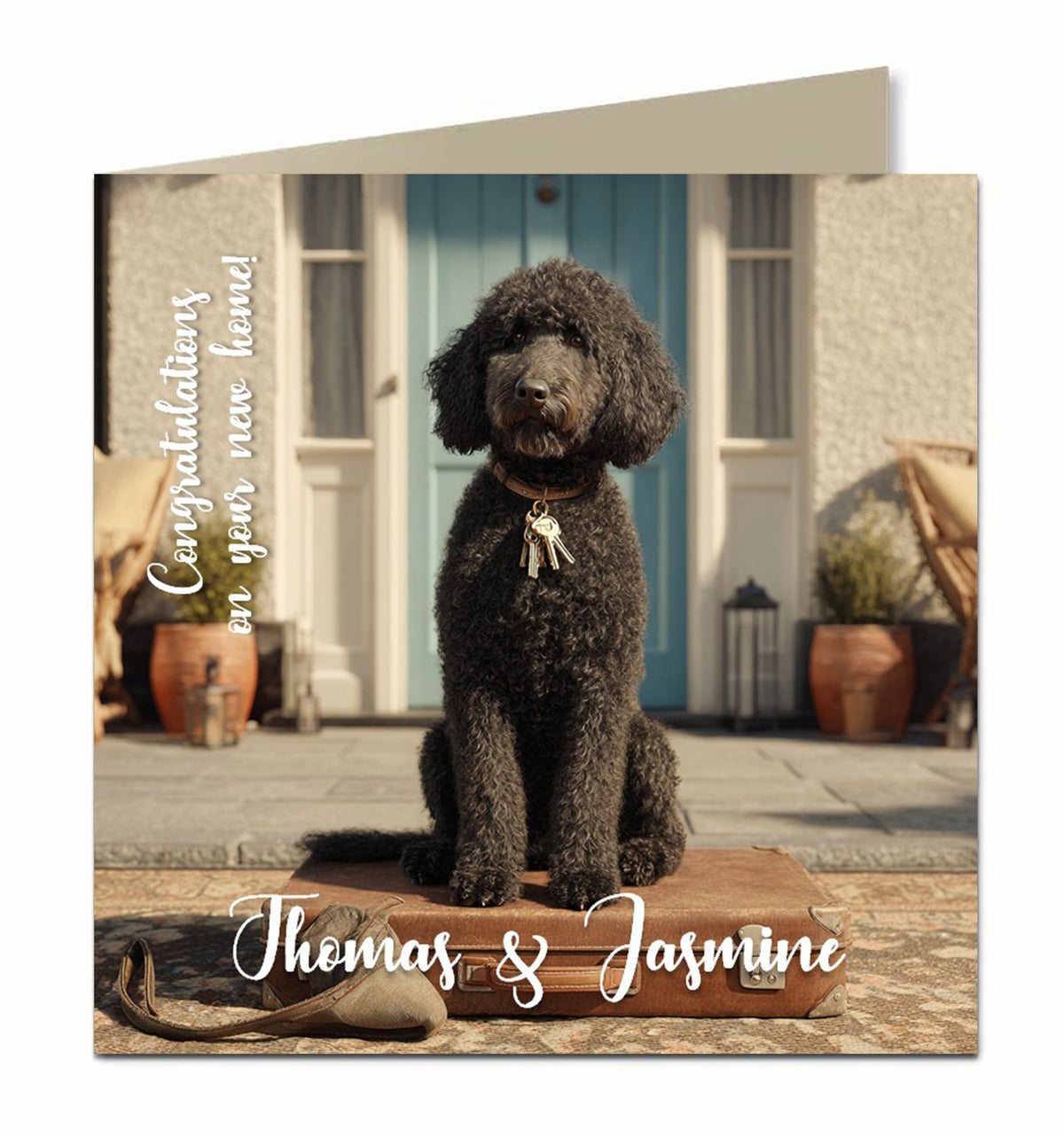 Personalised New Home Card - Black Curly-Haired Dog and Suitcase