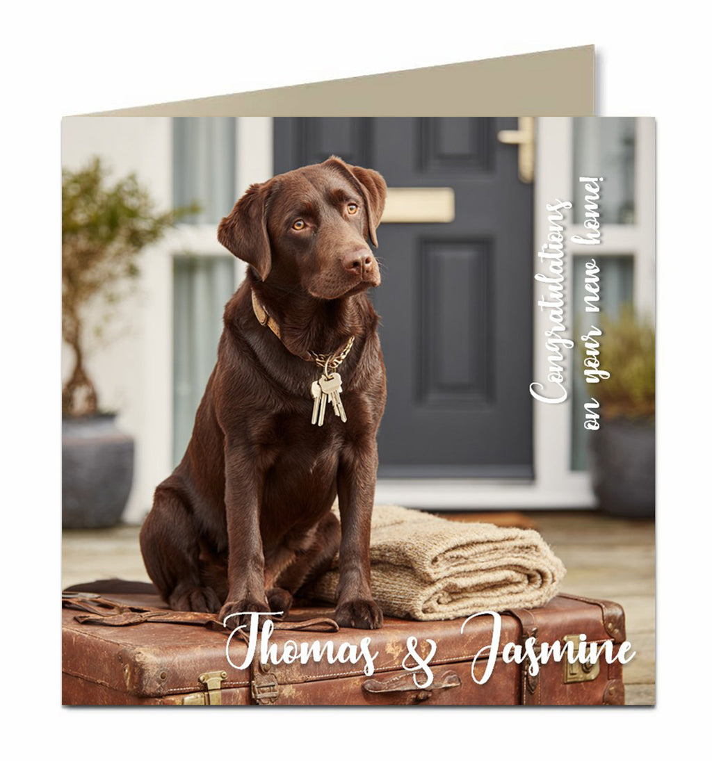 Personalised New Home Card - Chocolate Labrador and Suitcase