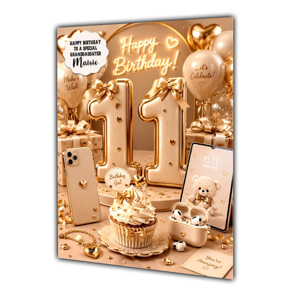 11th Birthday Card For Girls, Daughter, Granddaughter, Niece, Sister, Music Tablet Girl,