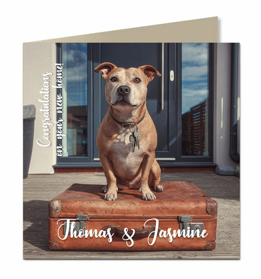 Personalised New Home Card - Brown Staffordshire Terrier and Suitcase