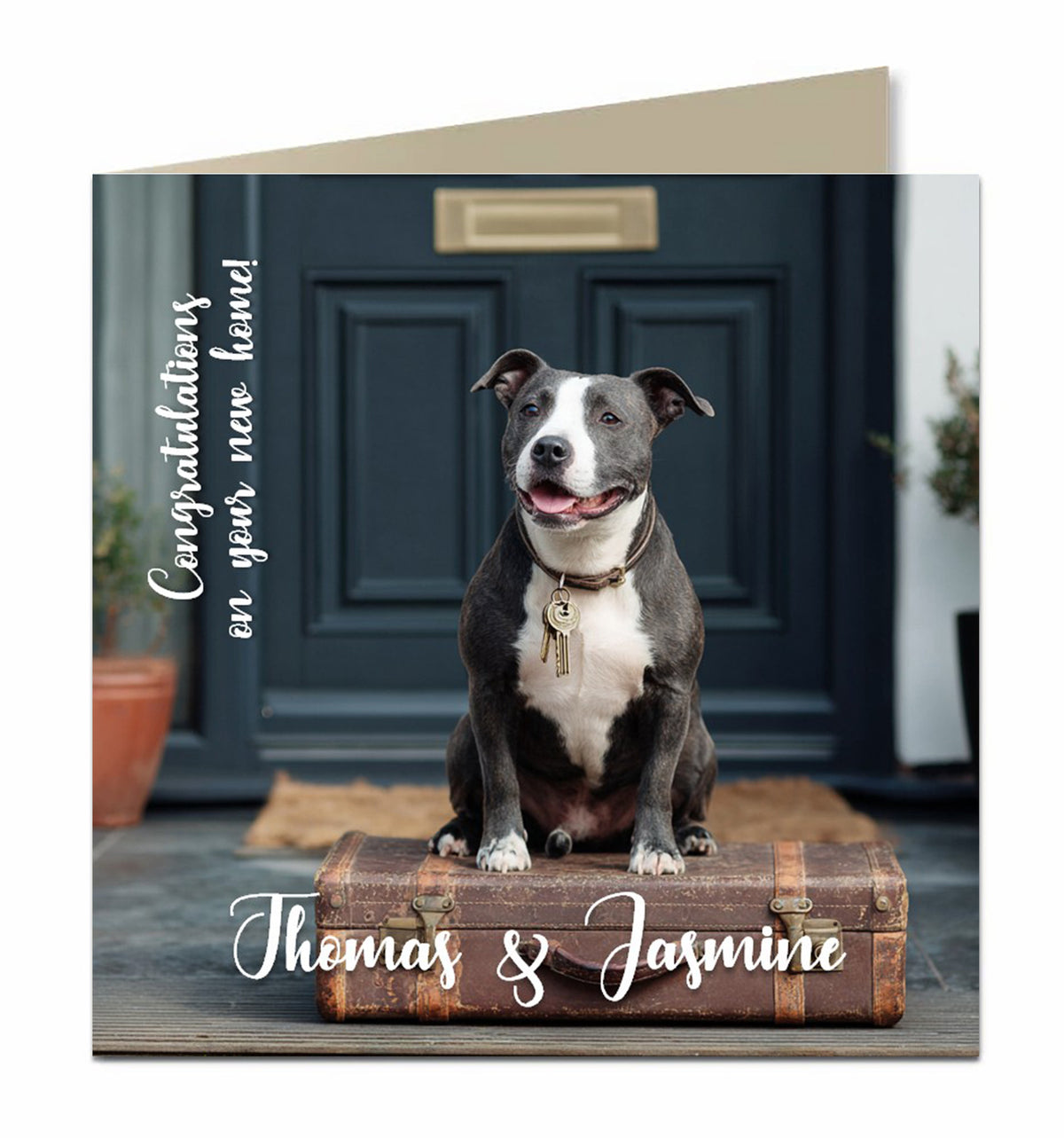 Personalised New Home Card - Black and White Staffordshire Terrier and Suitcase