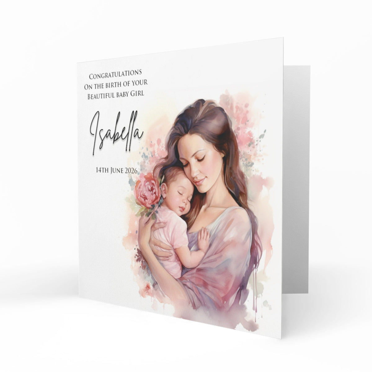 Personalised New Baby Card - Brunette Mother and Baby Girl