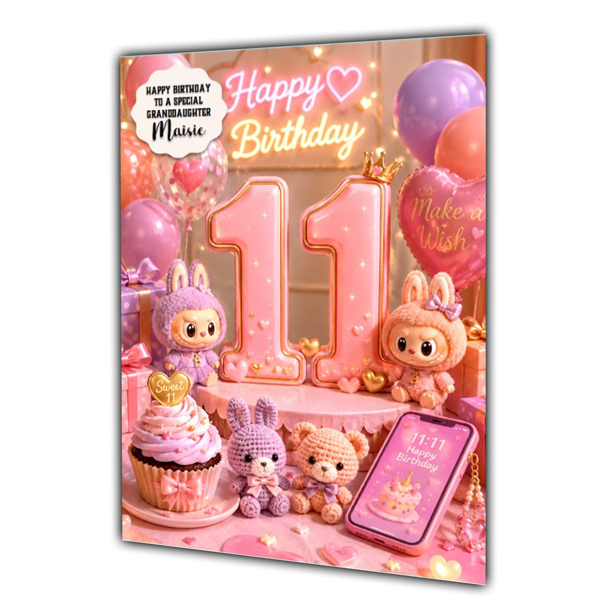 11th Birthday Card Plush Toy Girl Granddaughter Daughter Large A5 Size