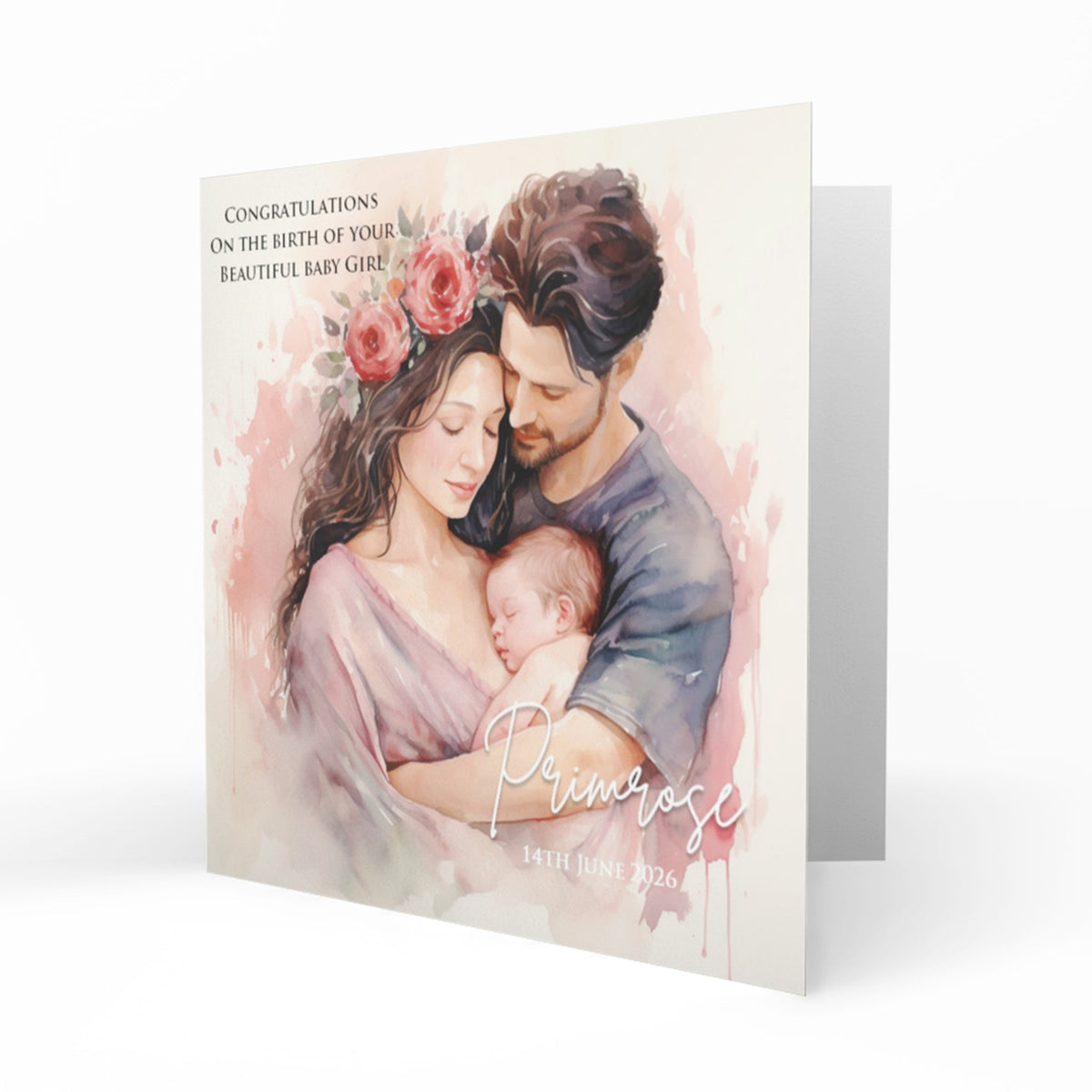 Personalised New Baby Card - Brunette Parents and Baby Girl