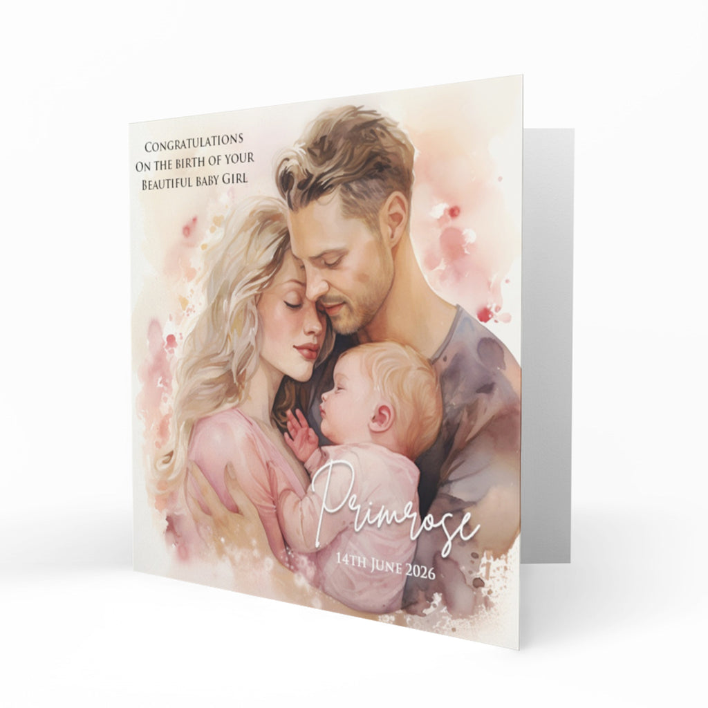 Personalised New Baby Card - Blonde Parents and Baby Girl