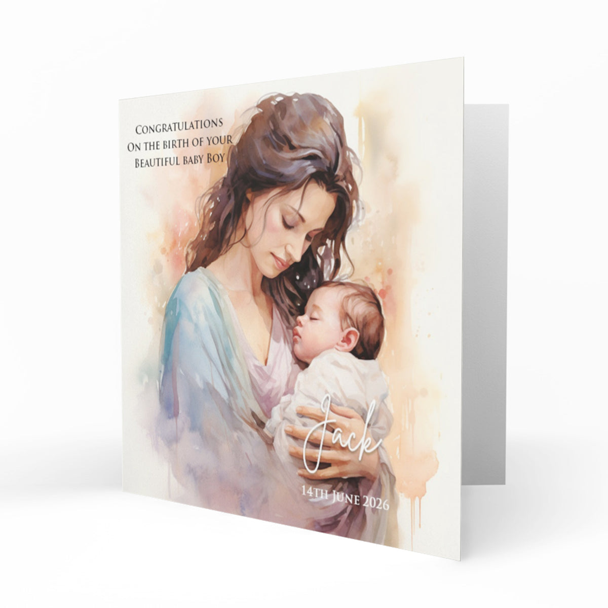 Personalised New Baby Card - Brunette Mother and Baby Boy