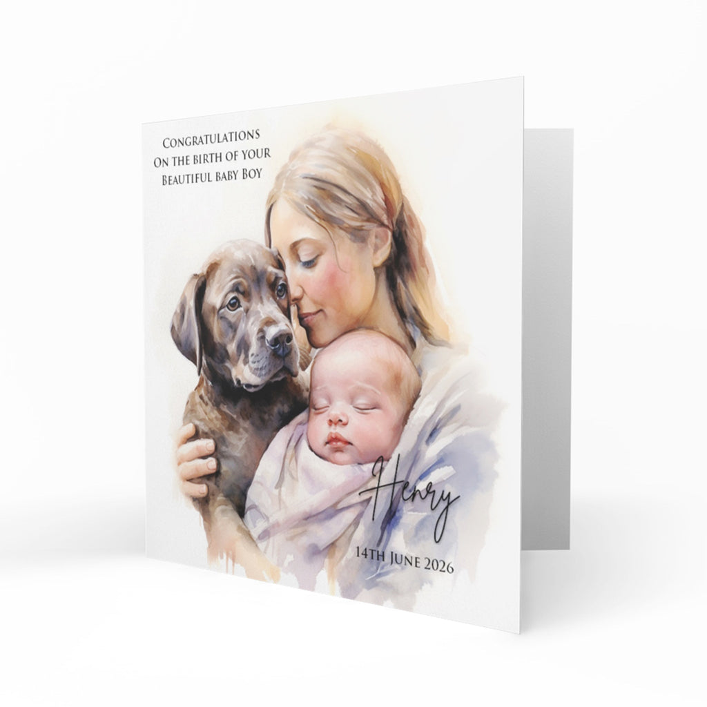 Personalised New Baby Card - Mother, Baby Boy and Brown Dog