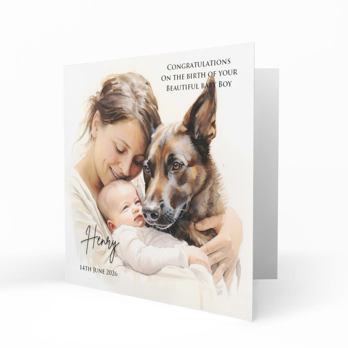 Personalised New Baby Card - Mother, Baby Boy and German Shepherd