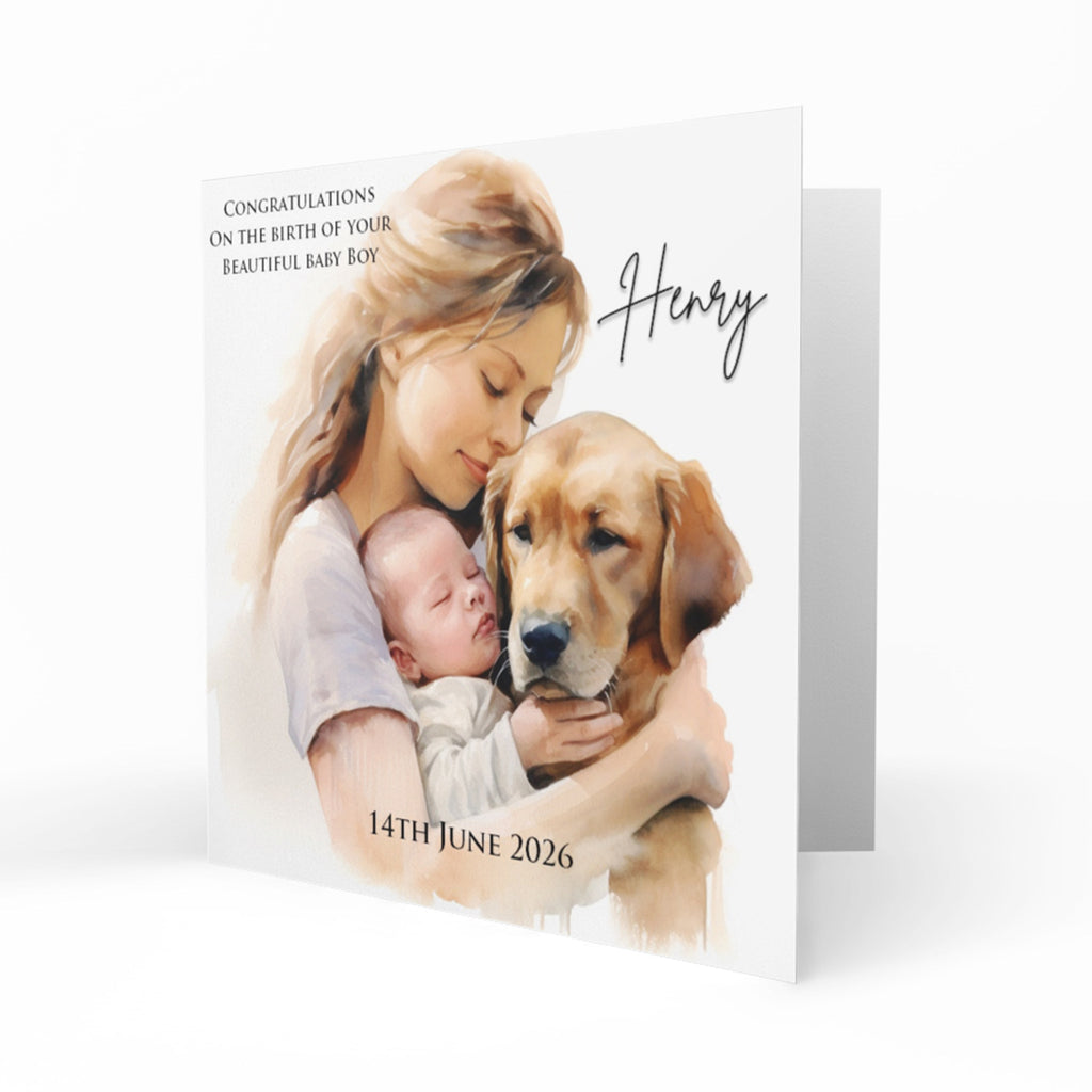 Personalised New Baby Card - Mother, Baby Boy and Golden Dog
