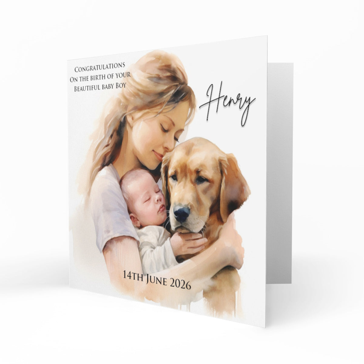 Personalised New Baby Card - Mother, Baby Boy and Golden Dog