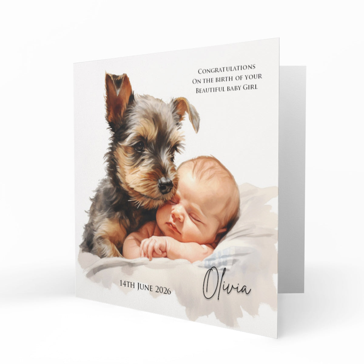 Personalised New Baby Card - Baby Girl and Yorkshire Terrier