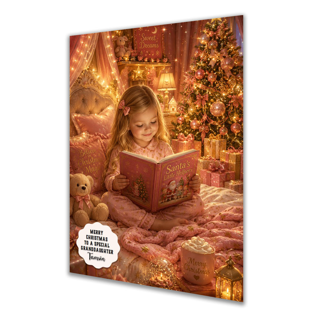 Personalised Christmas Card - Girl Reading a Christmas Story in Bed