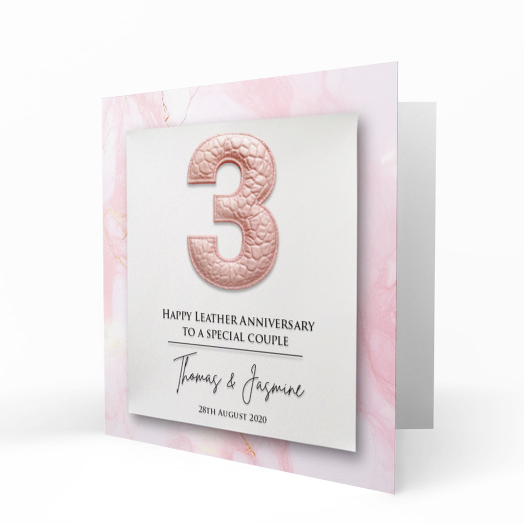 Personalised Leather Anniversary - Pink Number 3 Card