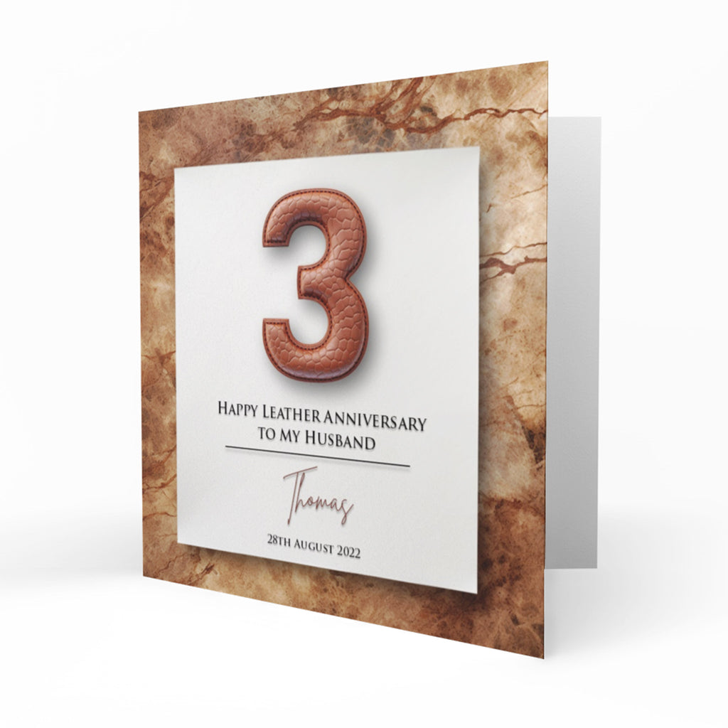 Personalised Wedding Anniversary Card, Leather, Third, 3rd For Husband, Wife or Special Couple