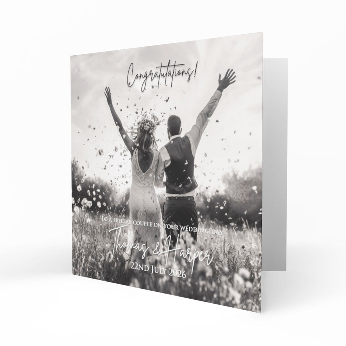 Personalised Wedding Day Card - Newlyweds Celebrating in a Meadow