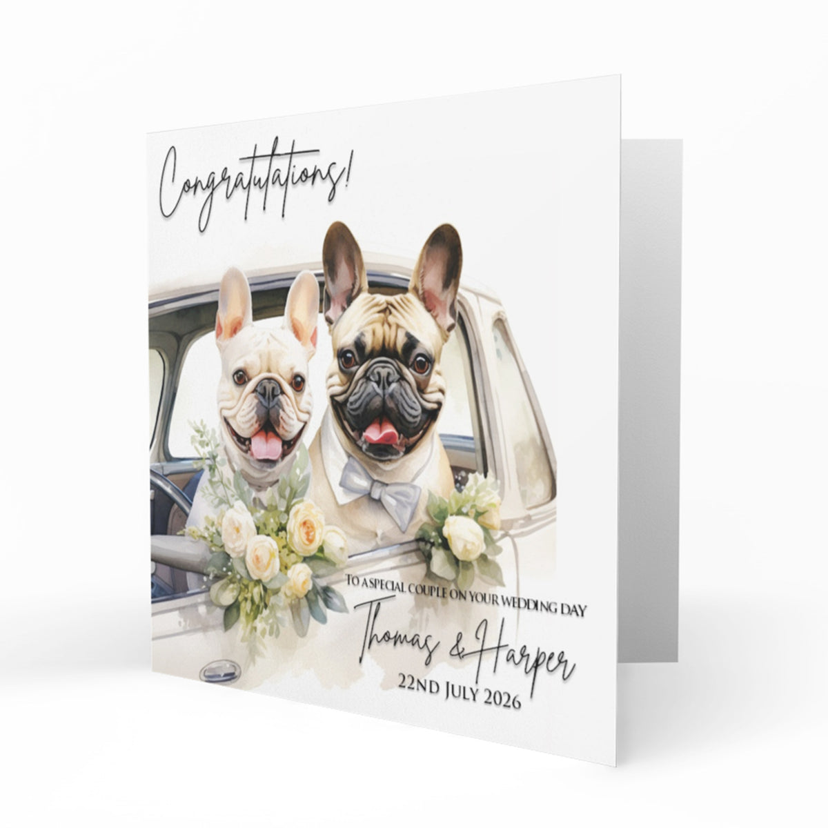 Personalised Wedding Day Card - French Bulldogs in Wedding Car
