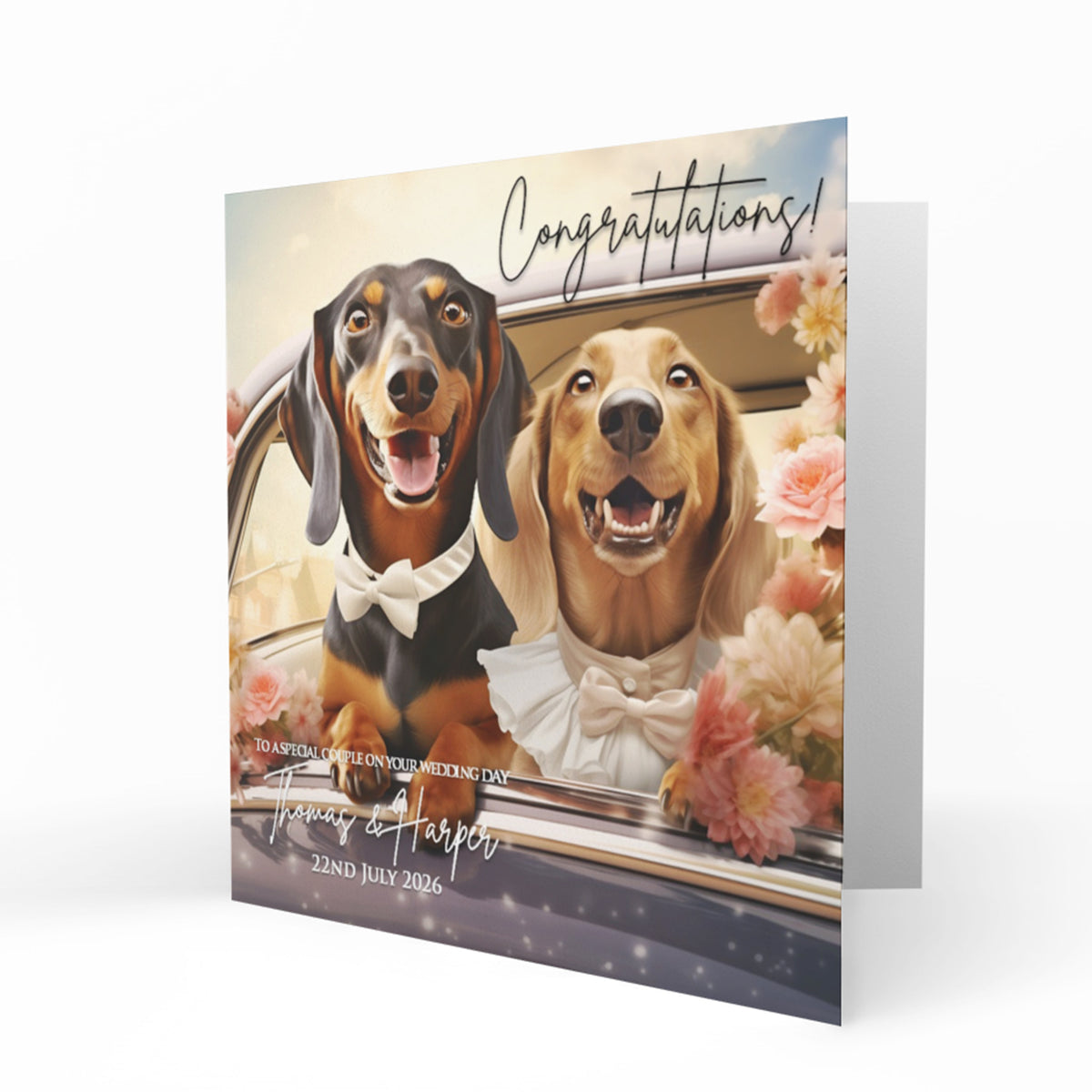 Personalised Wedding Day Card - Dachshunds in Wedding Car